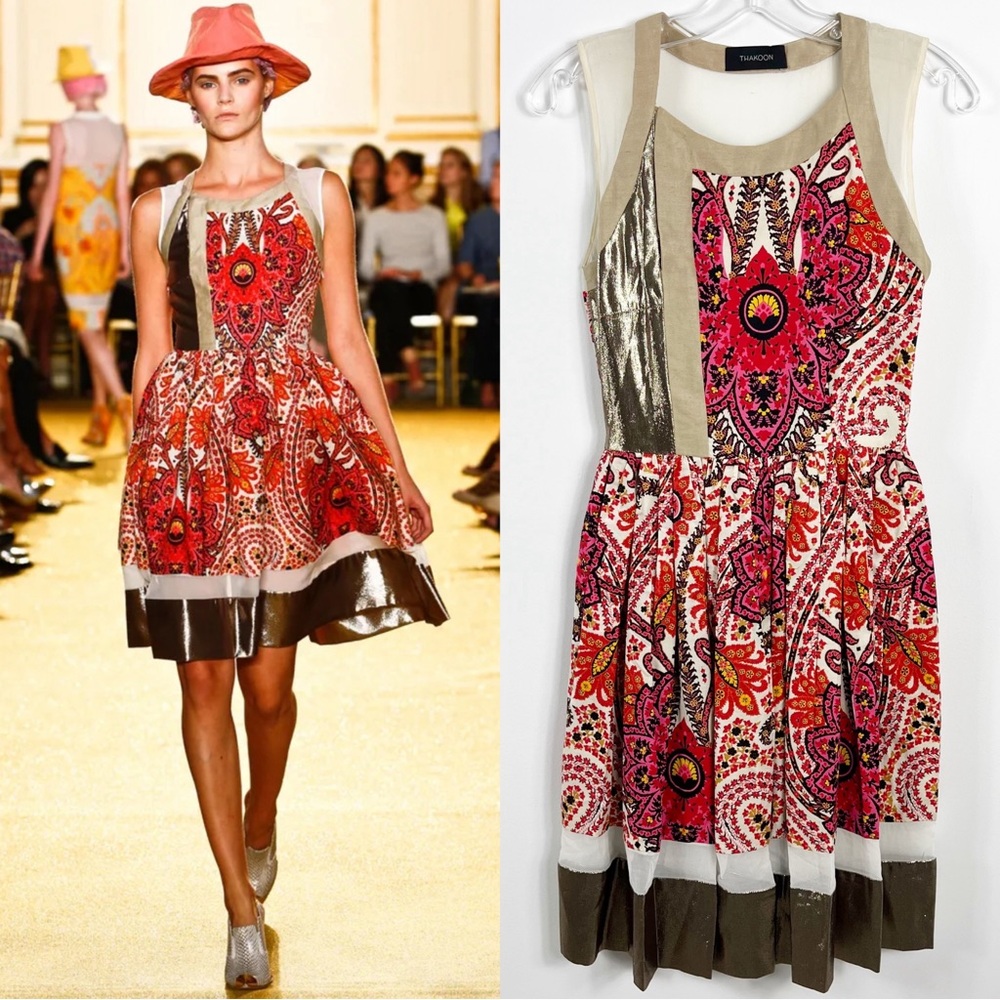 Thakoon Runway Sleeveless Printed Metallic Mini Dress Size 2 Gold Multi